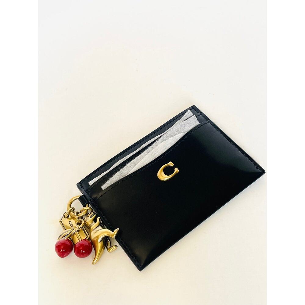 Coach Essential Card Case Black Spazzolato CCD81 Leather Rexy Cherry Charm - Picture 7 of 13